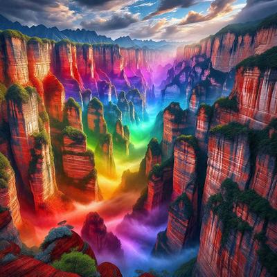The primary subject of the image is a colorful rainbow, which is painted on the side of a mountain. The setting is a mountainous landscape with a variety of rock formations, creating a unique and visually striking scene. The visual style of the image is a combination of photo and digital art, as it appears to be a painting or drawing of the rainbow on the mountain. The dominant colors in the image are the vibrant hues of the rainbow, which evoke a sense of wonder and natural beauty.